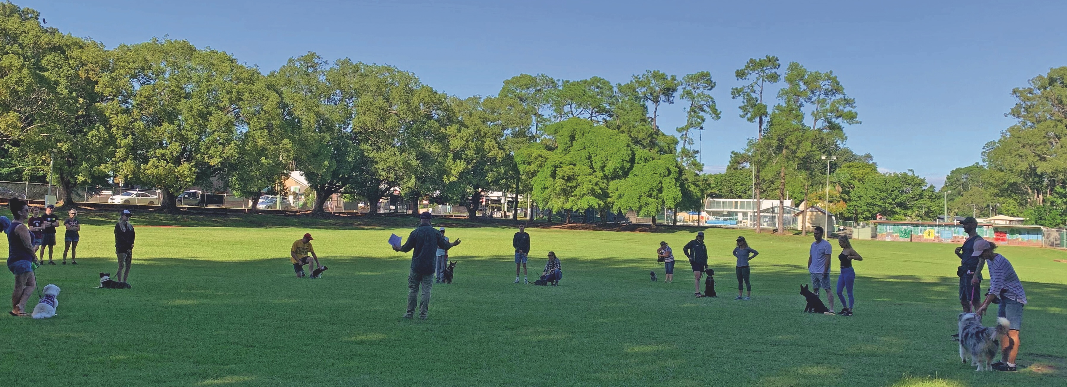 Adult owners practise with their dogs as a Padfoot trainer guides an outdoor class